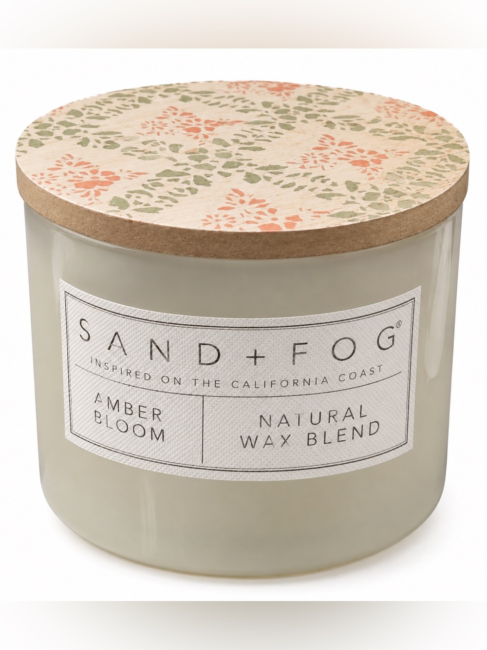 NWT Sand + Fog Amber Bloom 12 oz 2-Wick Candle Natural Wax Floral Wood Lid